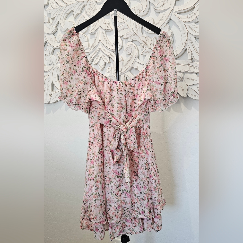 NWT Pink/Green Floral Mini Babydoll On/Off-Shoulder Vintage Look Dress Sz Large - Picture 3 of 5
